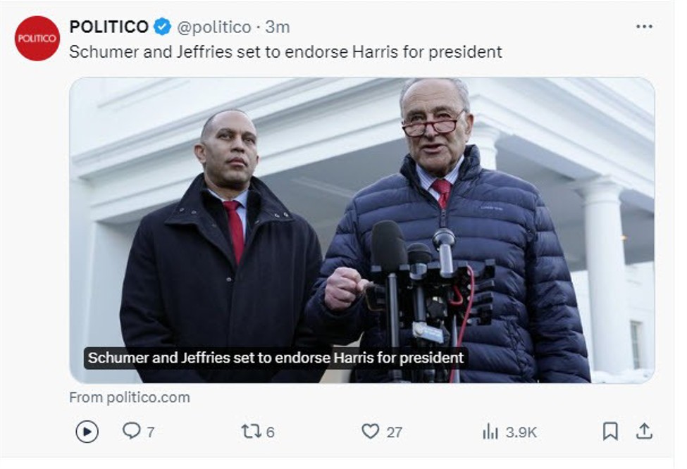 Politico: Schumer and Jeffries to endorse Harris for president later today