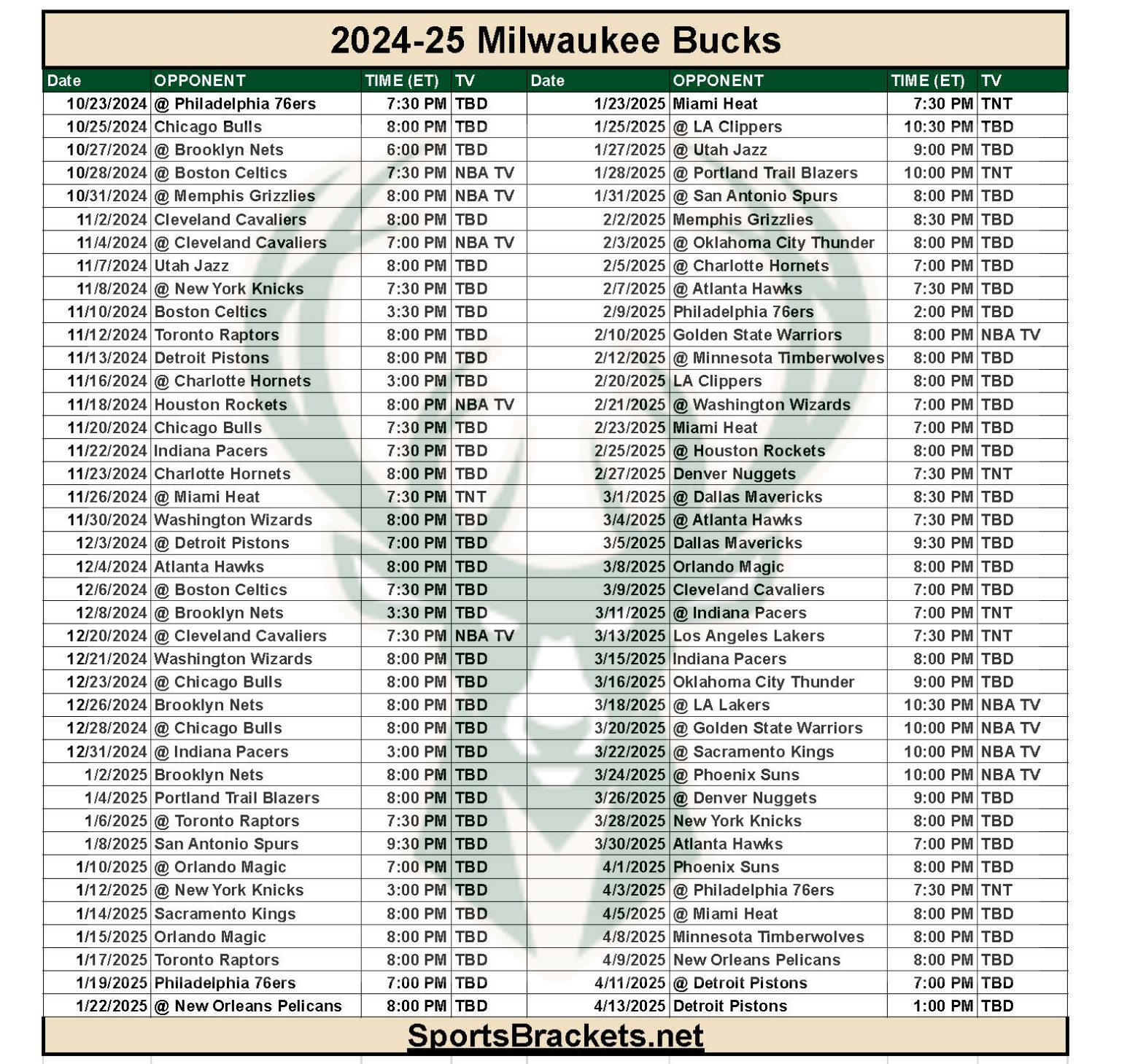 Printable 2024-25 Milwaukee Bucks Schedule; TV Broadcasts and Matchups