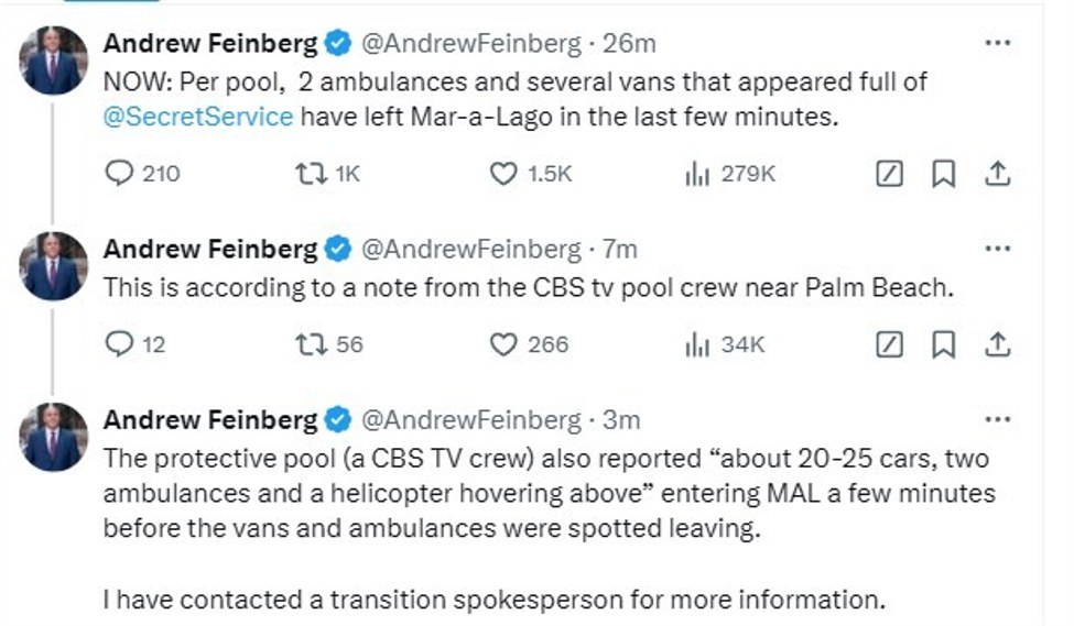 Reports that 2 ambulances and vans full of U.S. Secret Service leave Mar-a-Lago