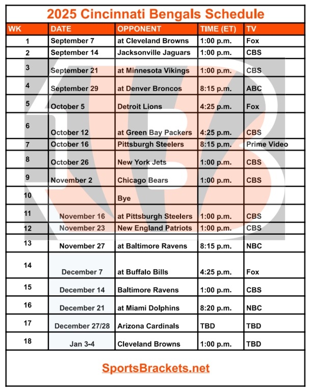 Printable 2025 Cincinnati Bengals Schedule; Matchups and TV Broadcasts